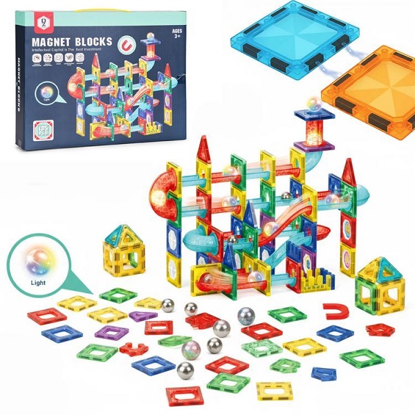 Magnetinės kaladėlės, kamuoliukų takelis su LED kamuoliukais, 105 dalys